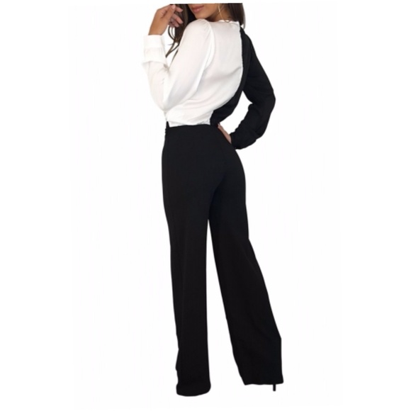Black White Asymmetric Wide Leg Jumpsuit - Picture 2 of 3